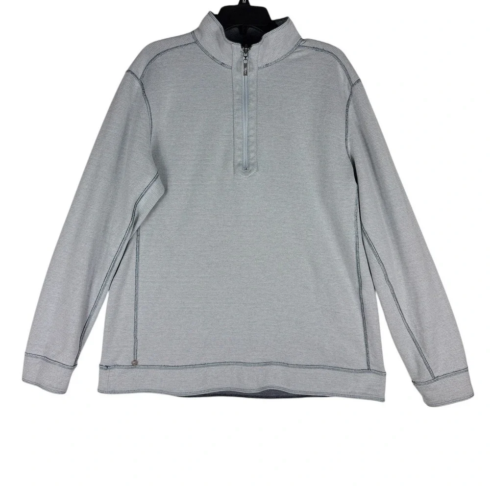 Tommy Bahama Mens Medium Reversible Quarter Zip Pullover Gray Herringbone Cotton